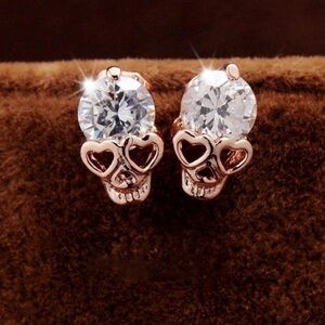 Rhinestone Skulls Earrings Rose Gold Tone Studs Unisex Small
